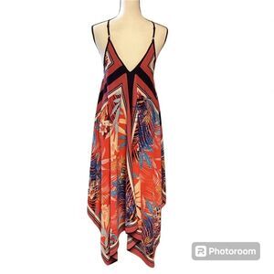 Promesa Scarf Print Plunging V-neck Asymmetrical Hanky Hem Maxi Dress ~ One Size